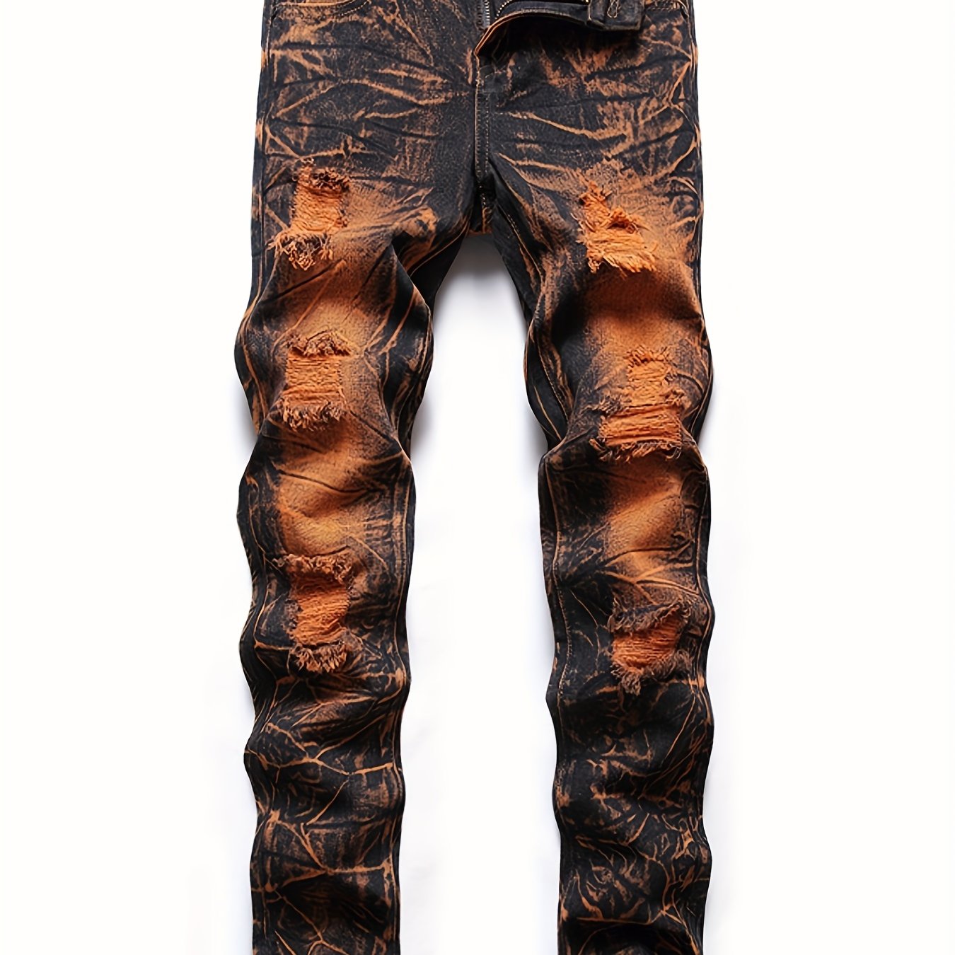 Vintage Tie Dye Slim Fit Ripped Jeans Men's Street Style Denim Pant