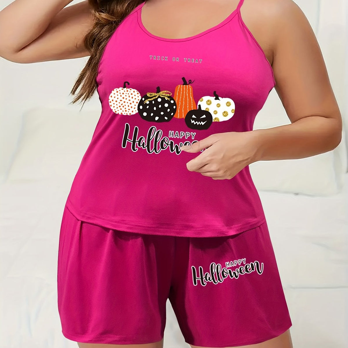  Halloween Pajama Set Pumpkin Print Round Neck Cami Top & Shorts