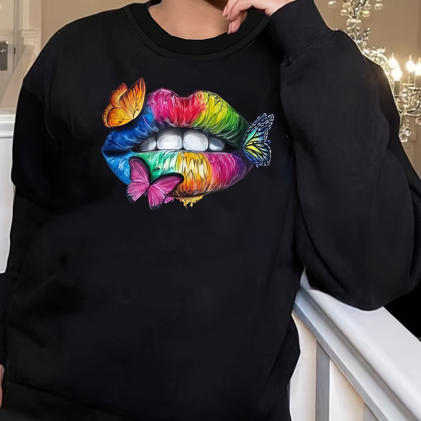  Casual Rainbow Lip & Butterfly Print Long Sleeve Round Neck T shirt