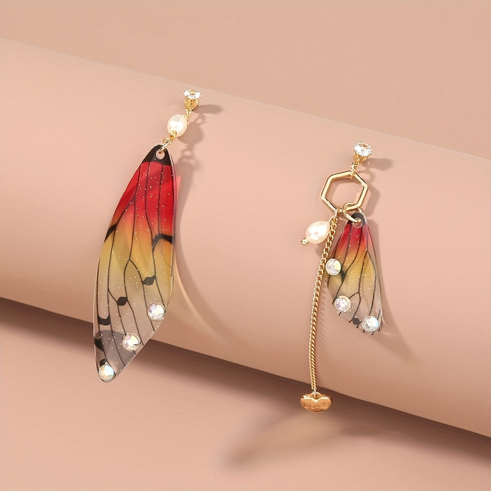 Resin Butterfly Wings Dangle Earrings with Rhinestone Decor