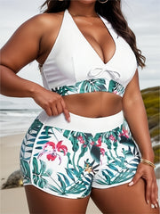  Tropical Print Bikini Set Halter Top & Shorts Swimsuit