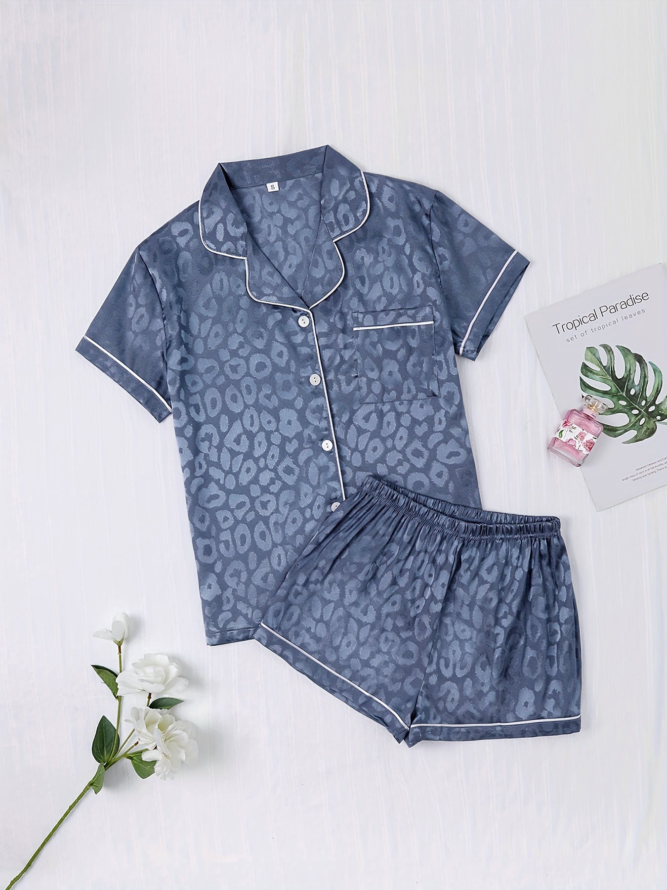 Leopard Print Pajamas Set Short Sleeve Top & Shorts