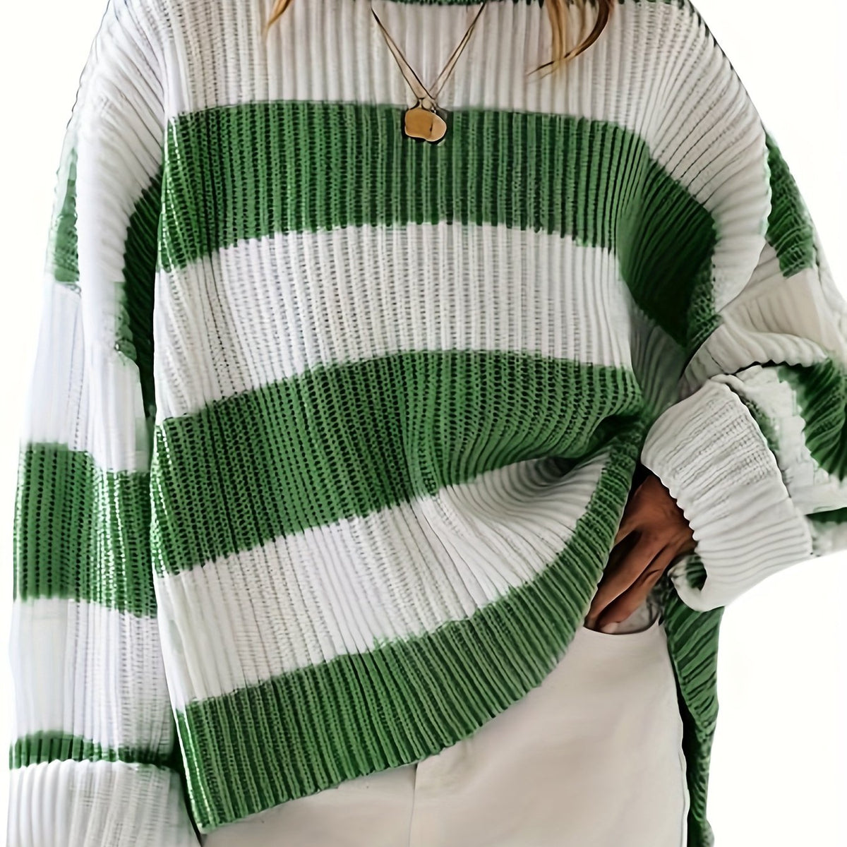  Colorblock Stripe Print Sweater Round Neck Jumper