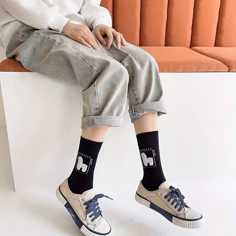 3 Pairs Alpaca Print Socks Comfy Mid Tube Women's Stockings