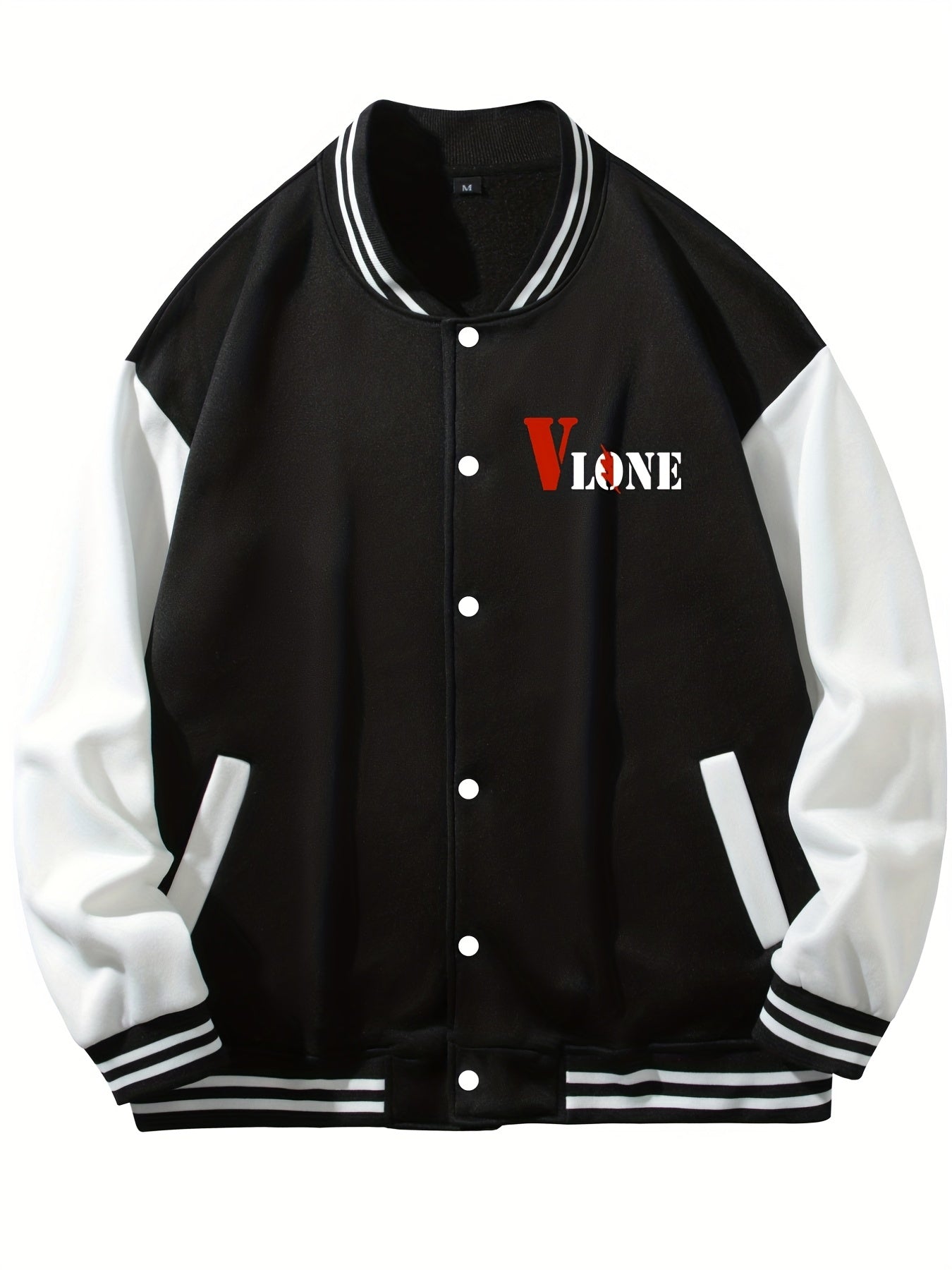 V Letter Print Teddy Bear Pattern Graphic Baseball Jacket Men's Clothes