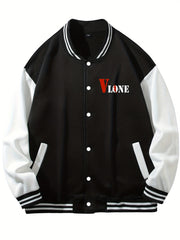 V Letter Print Teddy Bear Pattern Graphic Baseball Jacket Men's Clothes