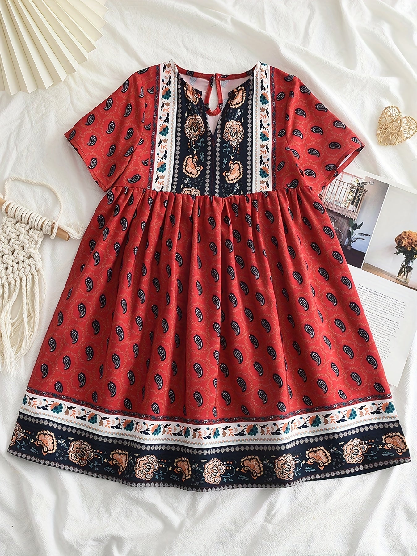 Girls' Ethnic Flowers Print V neck Summer Dress