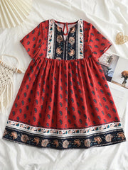 Girls' Ethnic Flowers Print V neck Summer Dress