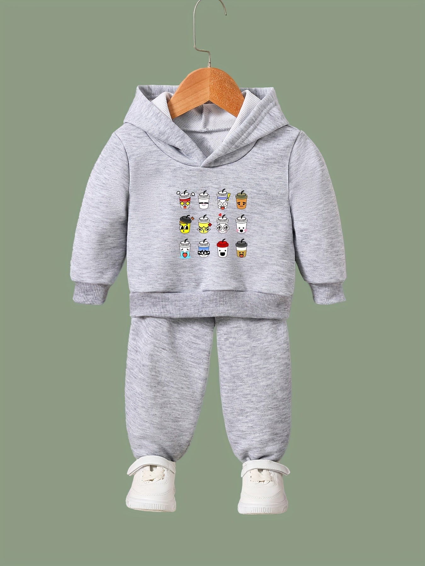 Kids Cartoon Coffee Cups Print Hoodie & Pants Set