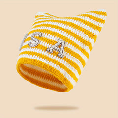 Y2K Striped Cat Ear Beanie Bow Knit Hat Hip Hop Elastic Skull Cap