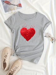 Women's Red Heart Graphic Casual T Shirt with Round Neck
