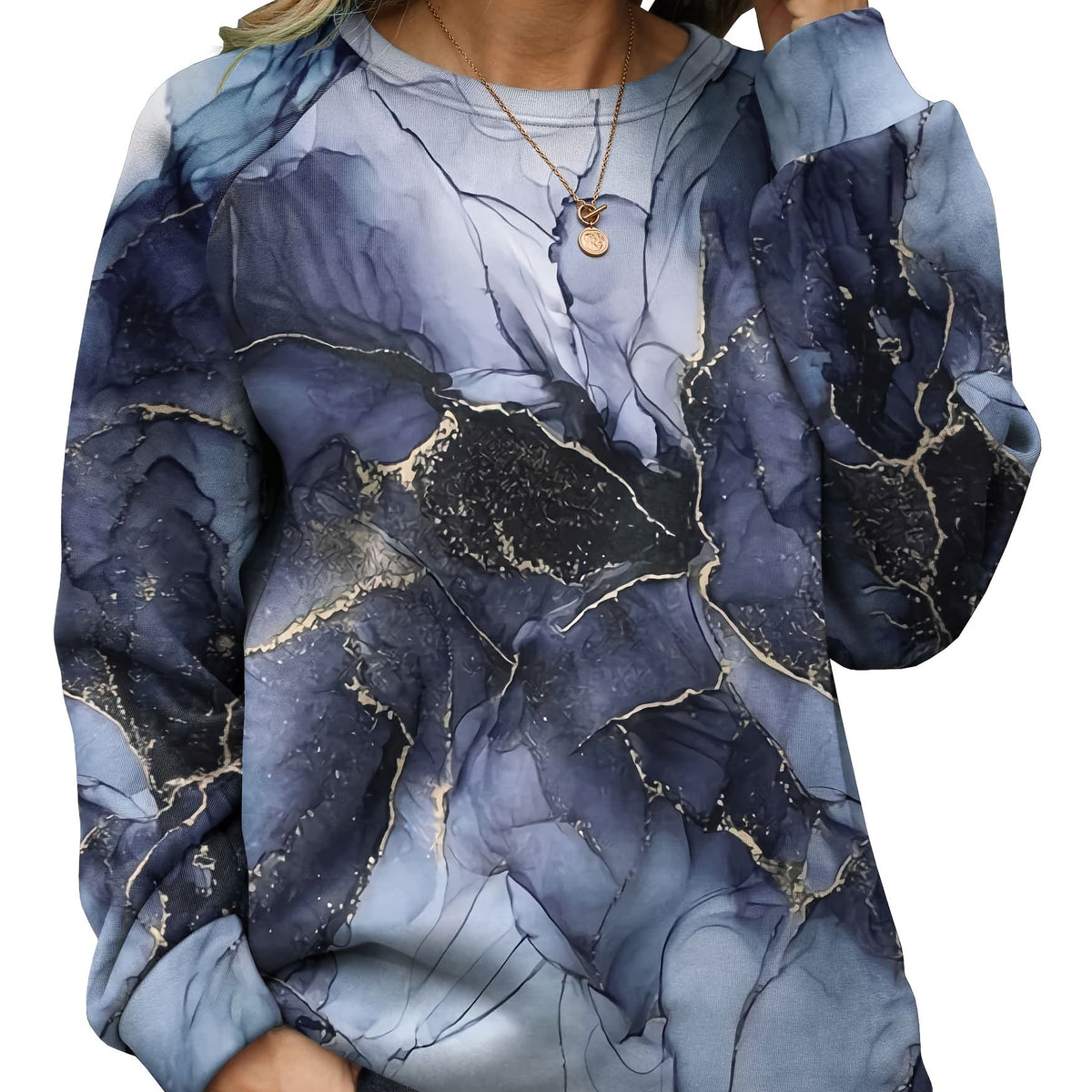 Marble Print Crew Neck Sweatshirt Women's Clothing