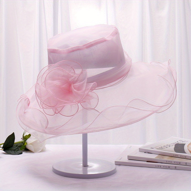 Organza Sun Hat Wide Brim Solid Derby Hat Ruffles Flower Beach Hats