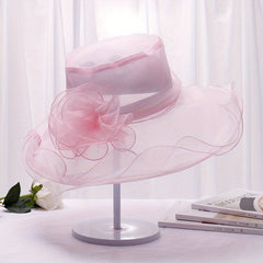 Organza Sun Hat Wide Brim Solid Derby Hat Ruffles Flower Beach Hats