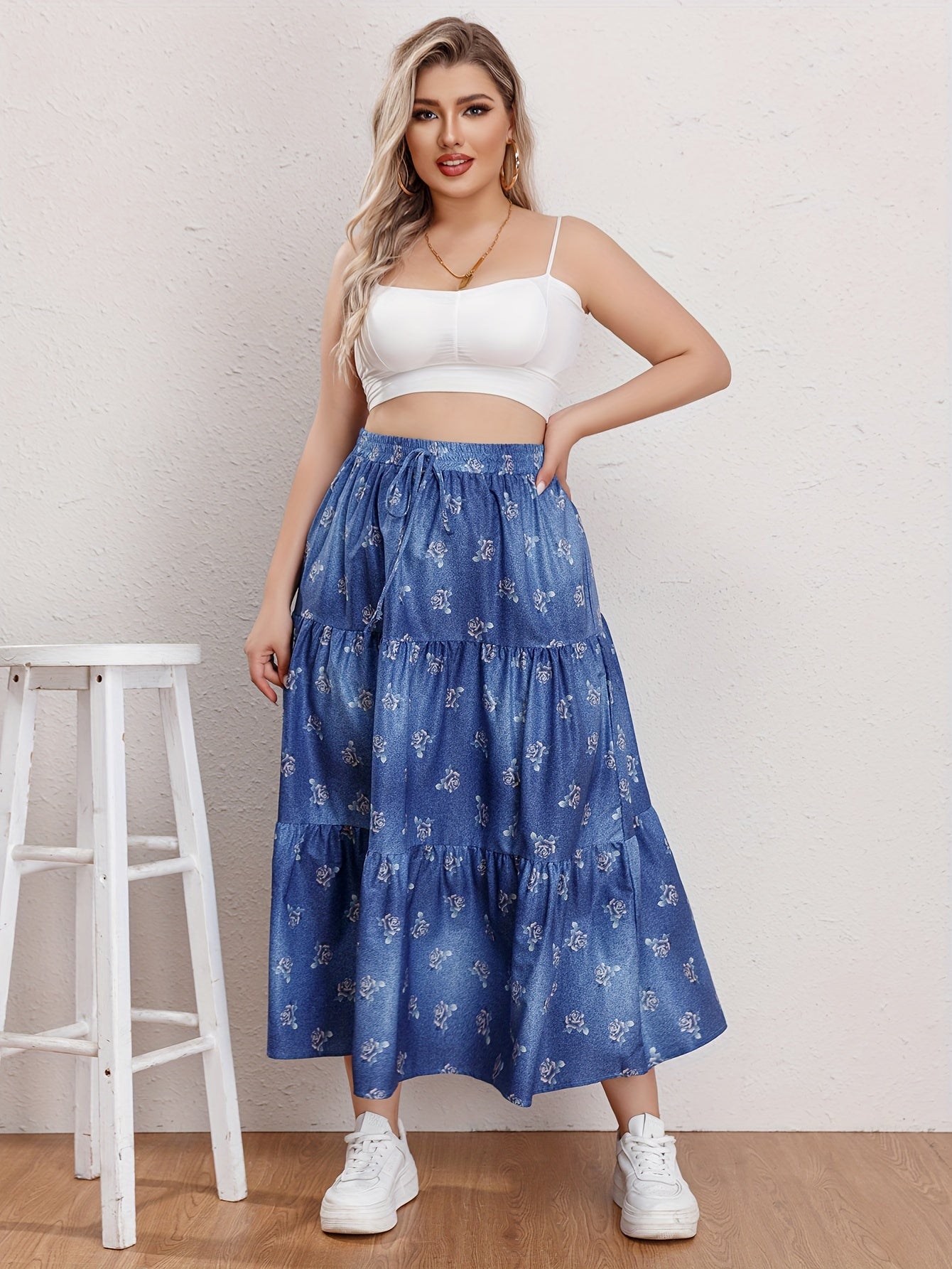  Floral Print Drawstring Elastic Maxi Skirt