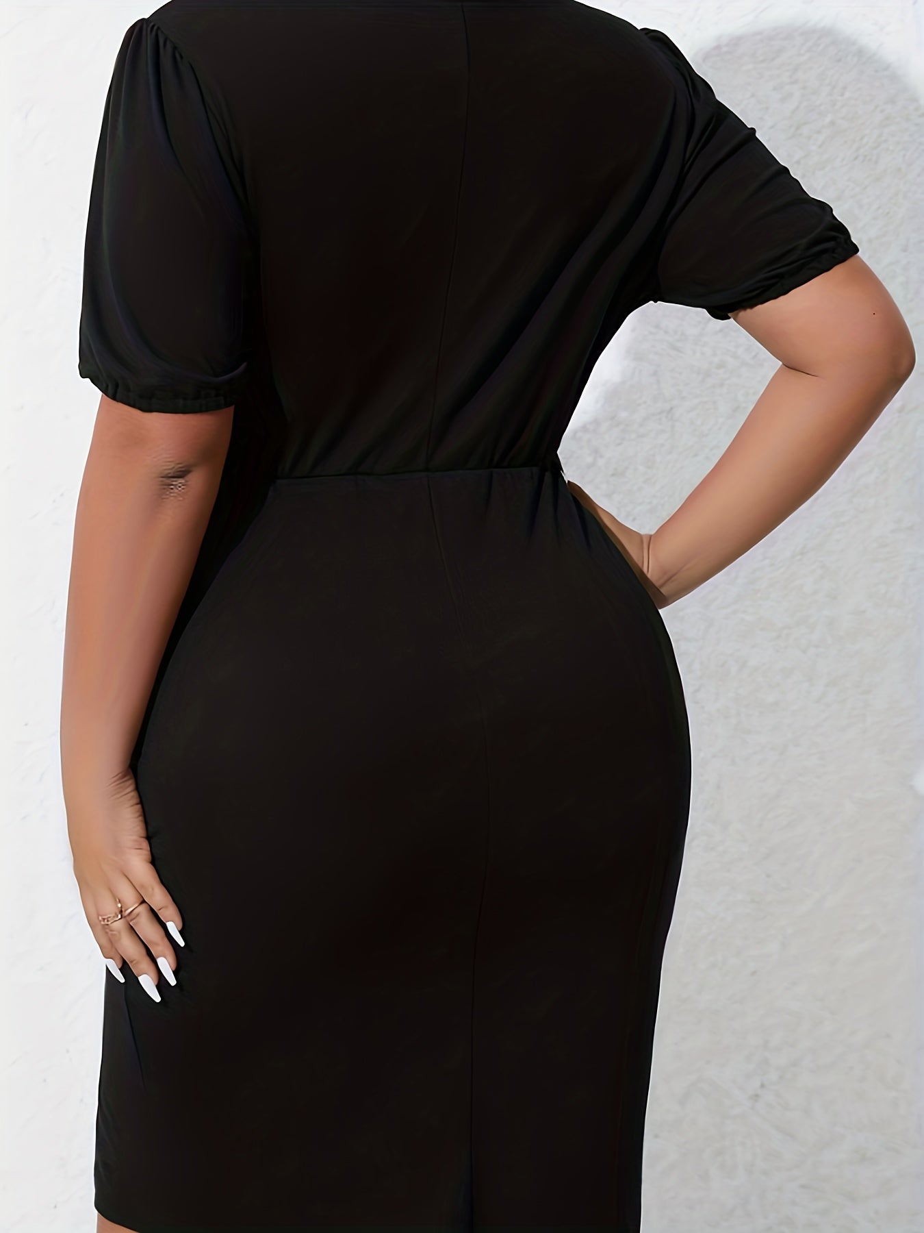  Women's Solid Button Decor Puff Sleeve Midi Dress