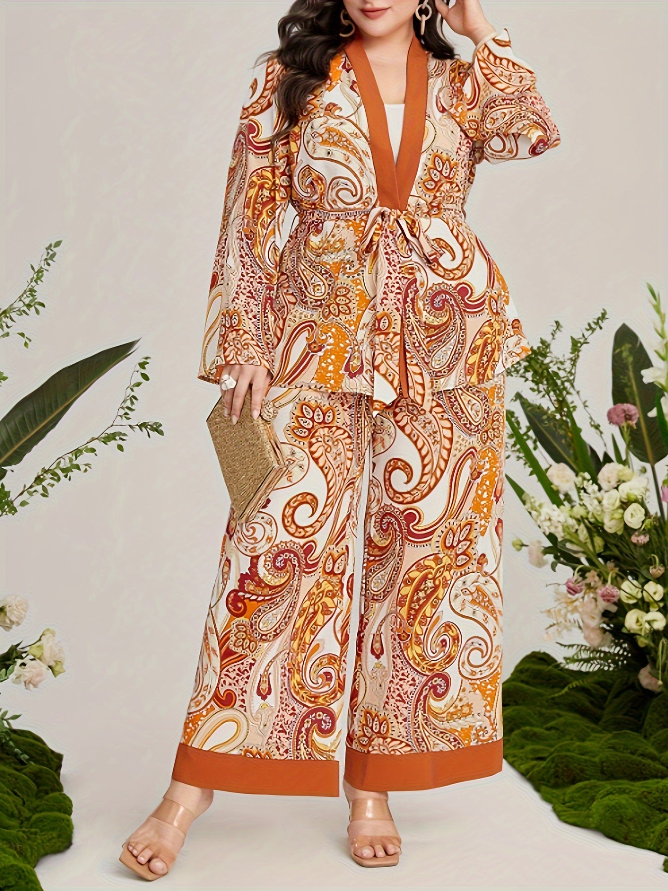 Women's Plus Paisley Print Long Sleeve Cardigan & Wide Leg Pants 2 Piece Set
