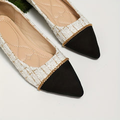 Women's Pointed Toe Flat Shoes Cap Toe Tweed Slip On Soft Sole Office Work Flats