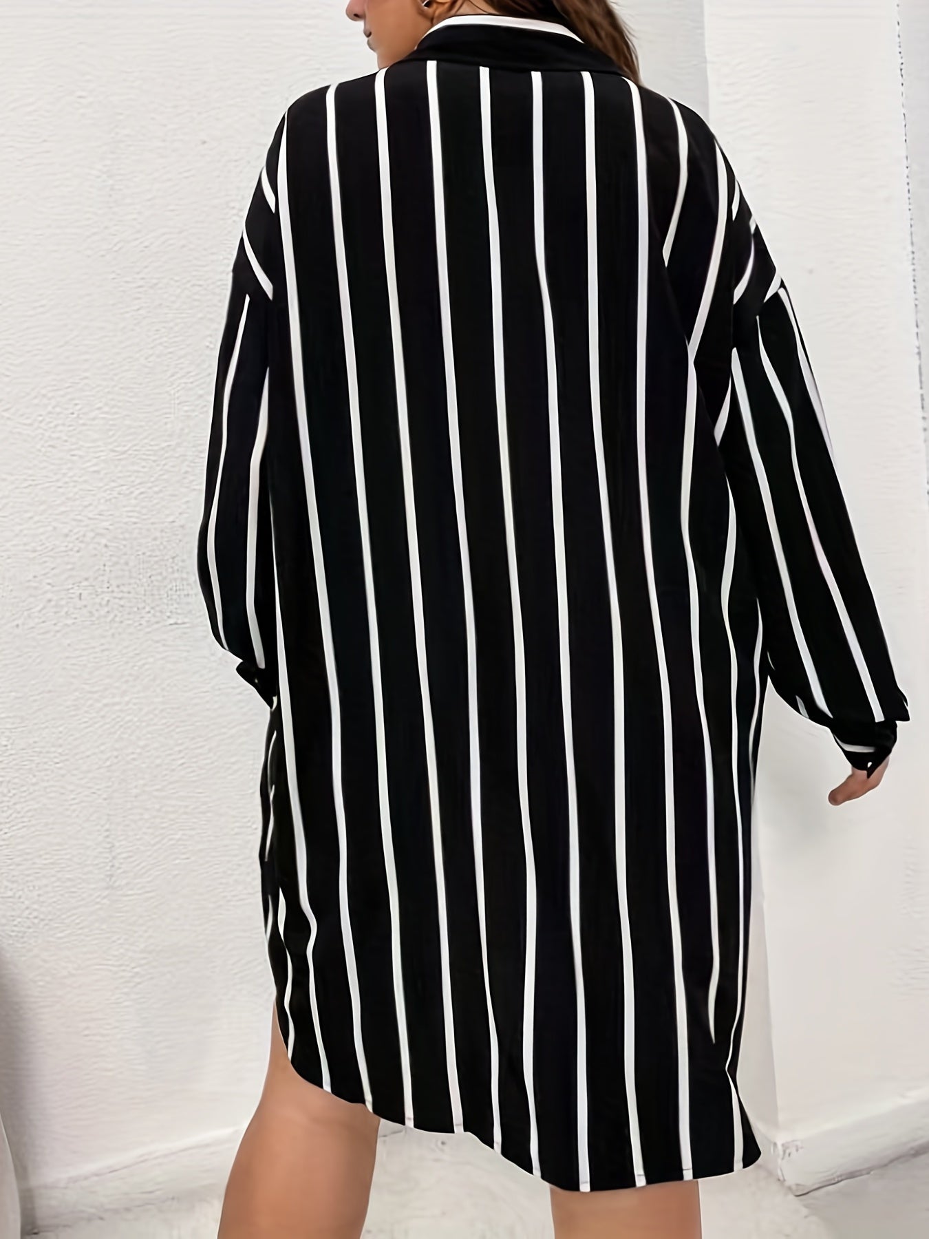  Stripe Print Button Up Long Sleeve Shirt Dress