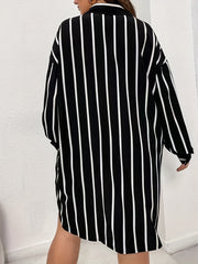  Stripe Print Button Up Long Sleeve Shirt Dress