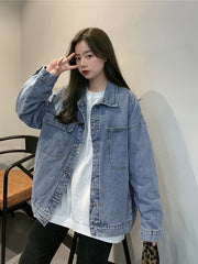 Women's Loose Fit Denim Jacket Single Breasted Button