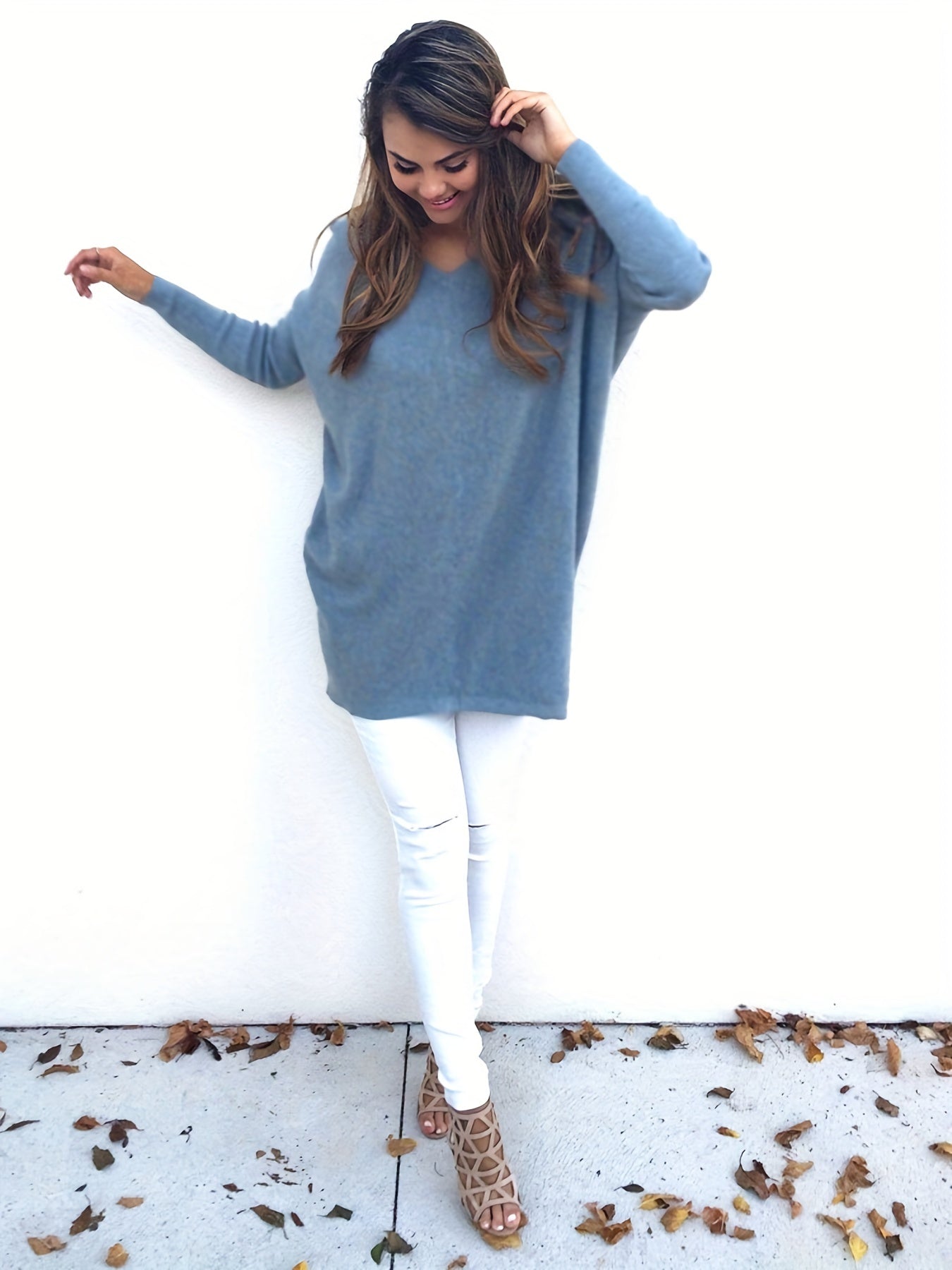  Casual Sweater Women's Plus Solid V-Neck Pullover Jumper