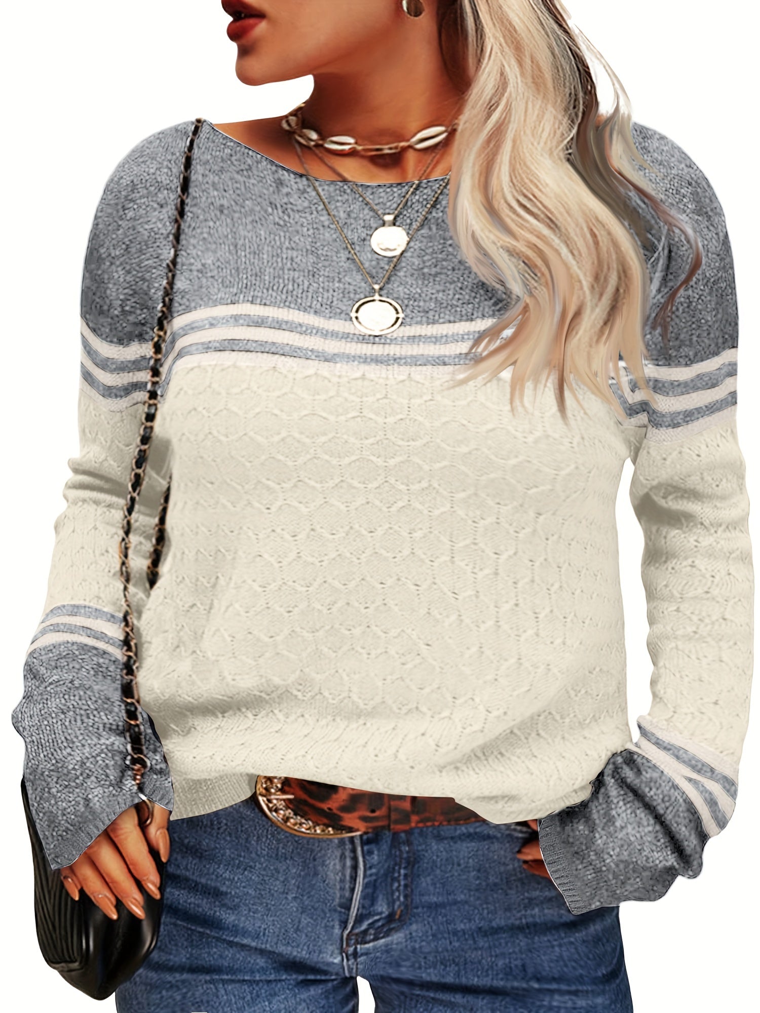  Colorblock Stripe Print Jacquard Sweater