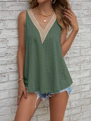  Eyelet Embroidered Lace Panel V Neck Tank Top