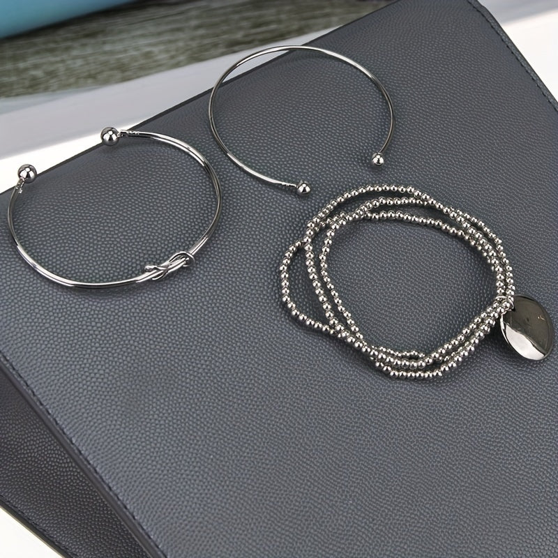 3pcs Set Silver Knotted Beaded Multilayer Bracelet Two Bangles One Bracelet