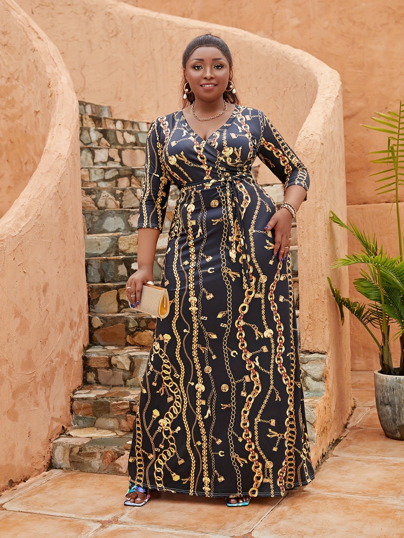  Chain Print Surplice Neck Maxi Dress With Belt