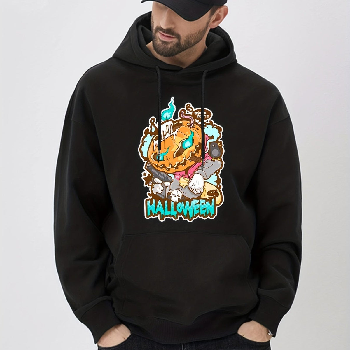 Anime Jack O Lantern Print Hoodie Men's Casual Graphic Pullover Hoodie