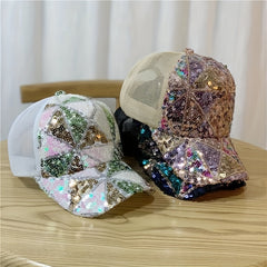 Sequin Plaid Sparkling Baseball Cap Mesh Breathable Trucker Hat Solid Y2K
