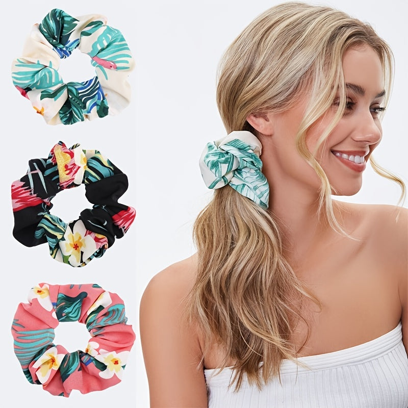 4pcs Boho Print Leaf Flower Hair Scrunchies Soft Fabric for Women Girls