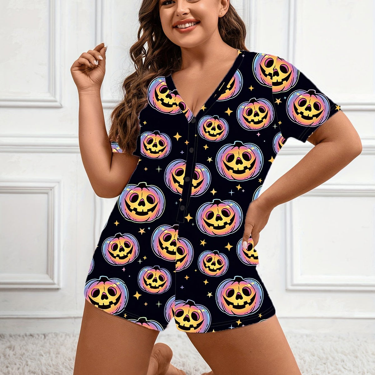  Halloween Pumpkin Print Short Sleeve Lounge Romper