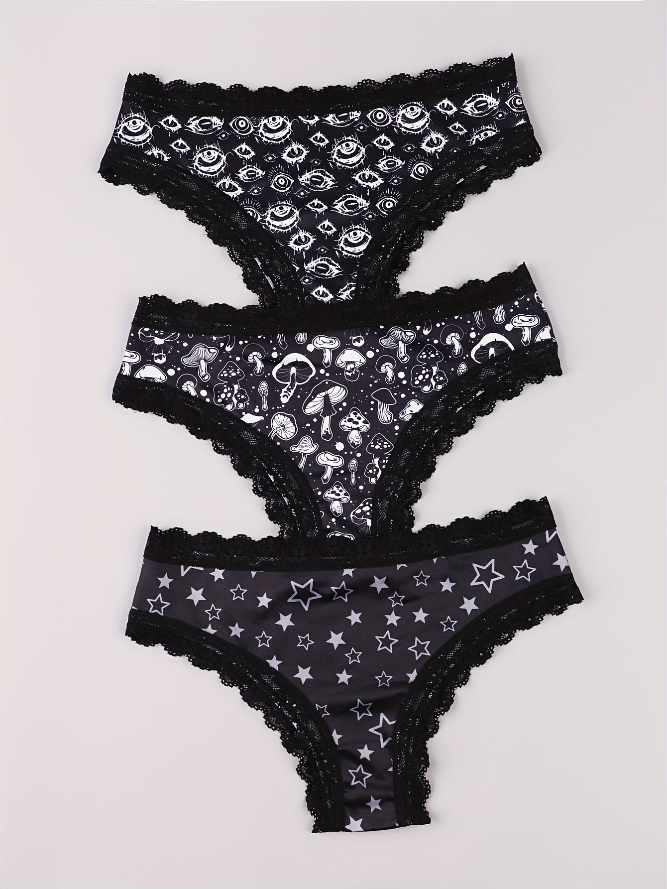  Eyeball & Mushroom Print Lace Trim Bikini Set