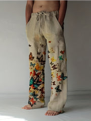 Men's Butterfly Pattern Straight Leg Pants Elastic Waist Beach Trousers