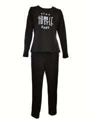  Women's Art Letter Print Top & Drawstring Pants Set