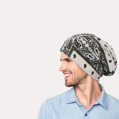 Vintage Cotton Brimless Hat Double Layer Print Roll Cuff Adjustable Men Women