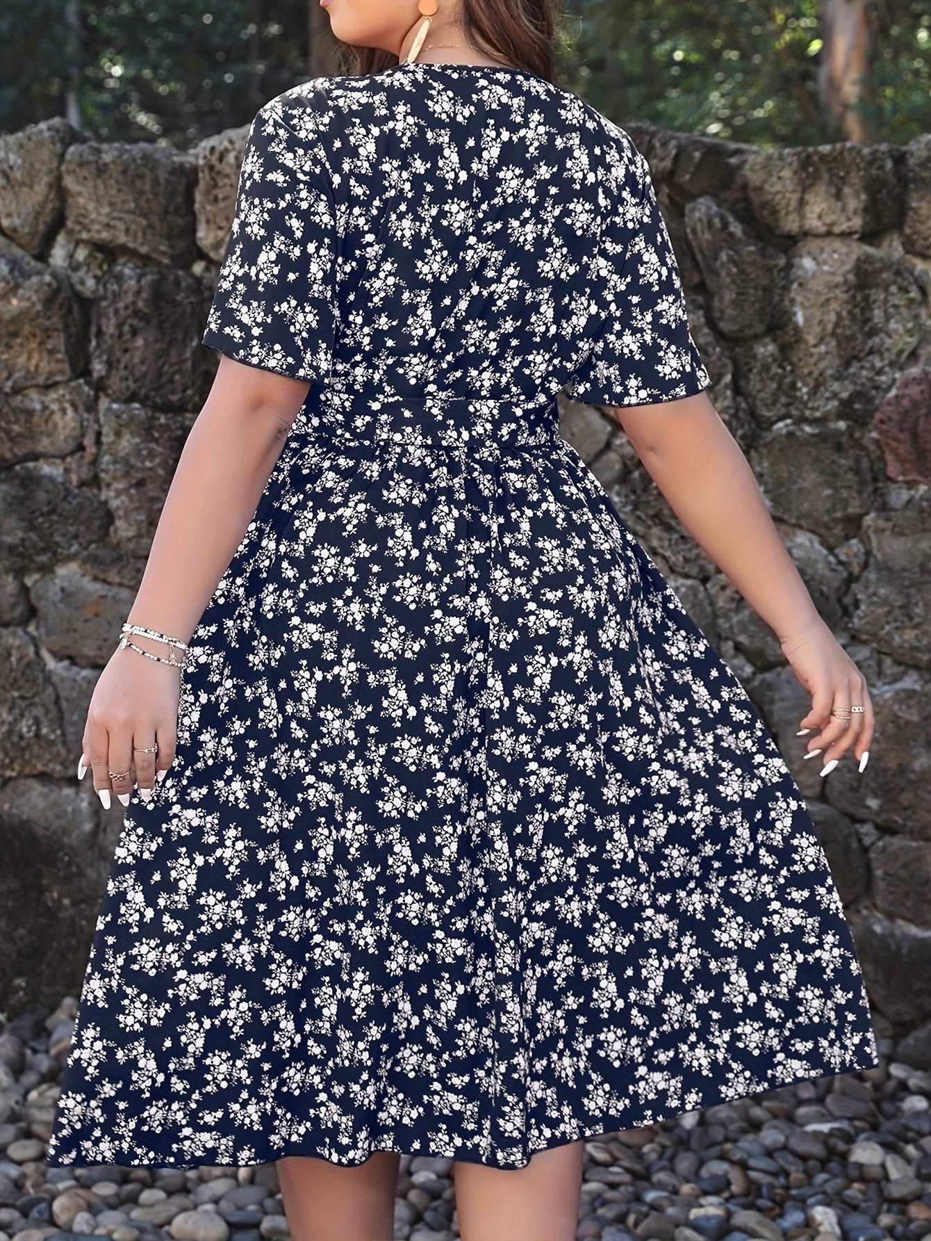  Boho Dress Women's Plus Ditsy Floral Print Butterfly Sleeve
