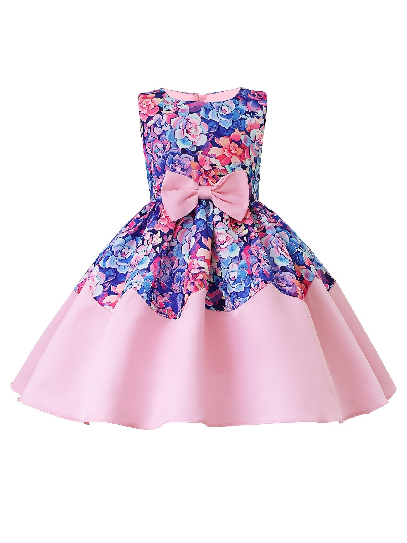 Girls Elegant Floral Print Sleeveless Dress with Bow