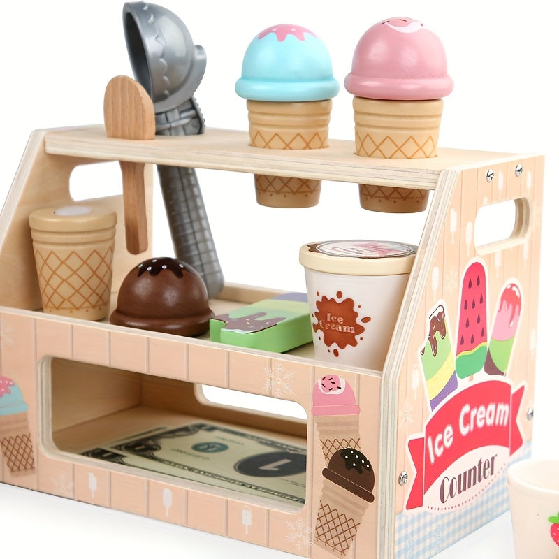 Wooden Ice Cream Counter Playset for Girls Kitchen Toys Gift for 3-6 Years Old