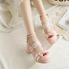 Women's Bowknot Chunky Heels Sweet Strawberry Buckle Strap Shoes