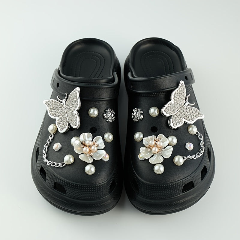 Charms Bling Shoe Decorations Flower&Silver Butterfly Faux Pearl Accessories
