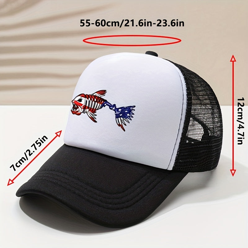 Fish Bone Print Trucker Hat Unisex Hip Hop Breathable Mesh Baseball Cap