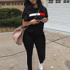 Block Two Piece Set Crew Neck Top & Drawstring Pants