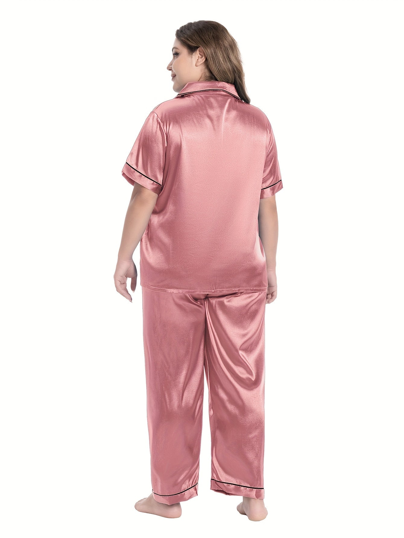  Satin Pajama Set Short Sleeve Button Up Shirt & Pants 2 Piece