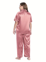  Satin Pajama Set Short Sleeve Button Up Shirt & Pants 2 Piece