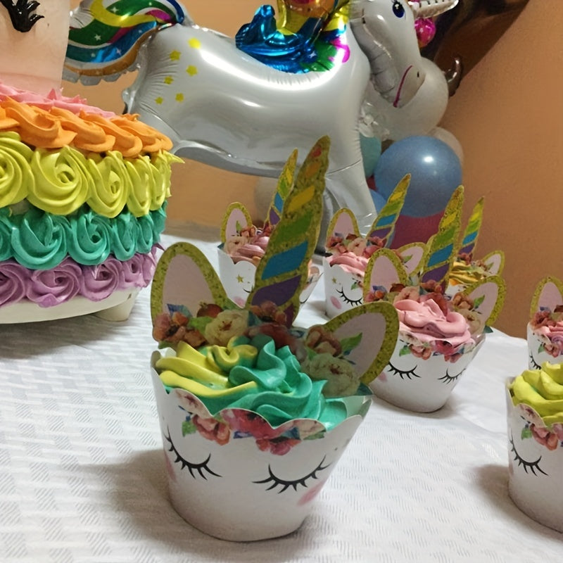 Unicorn Cup Cake Toppers & Wrappers Rainbow Liners, Girl Birthday Party Supplies