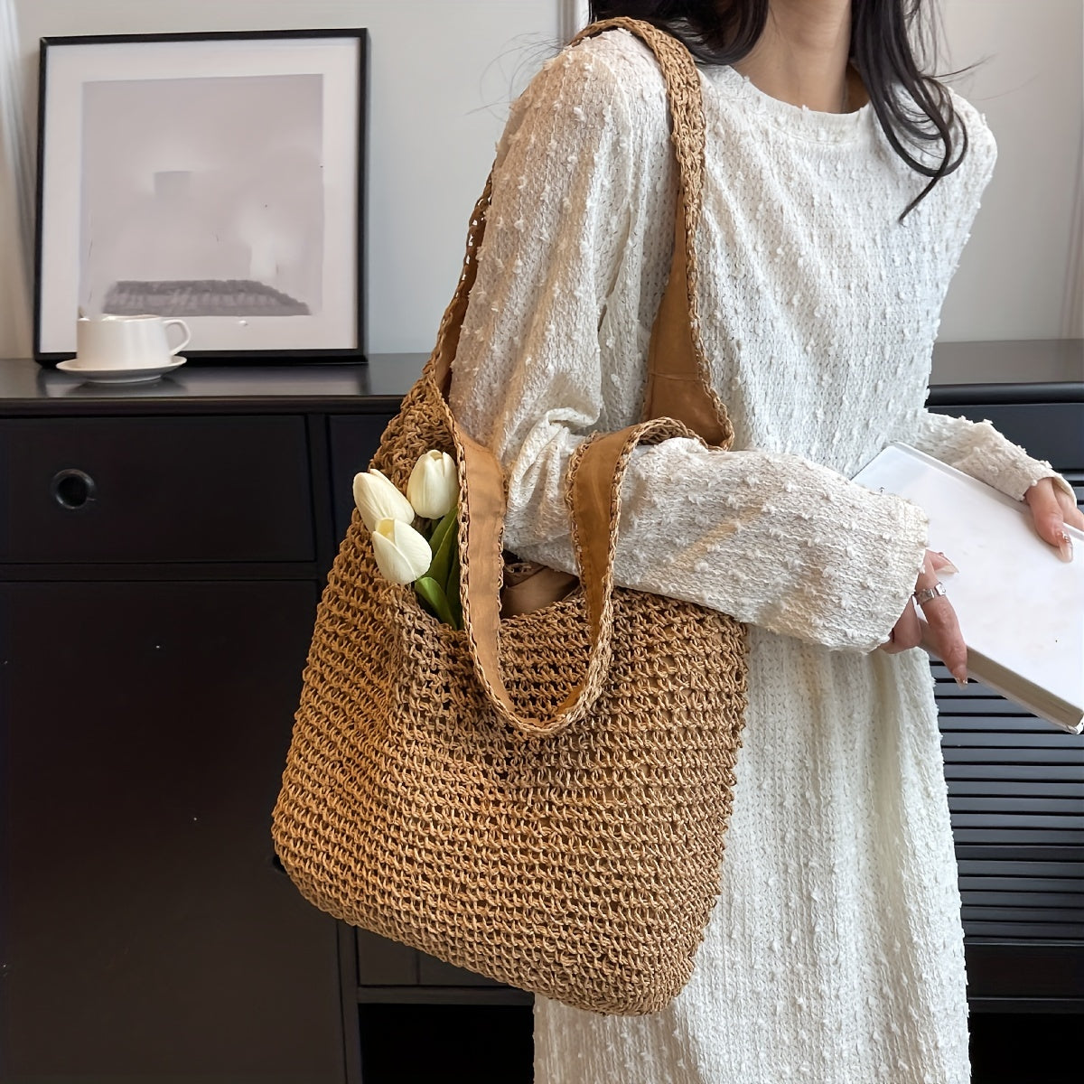 Straw Woven Beach Bag Large Capacity Shoulder Tote Boho Style Travel Holiday
