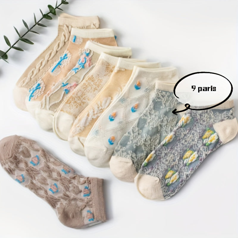 9 Pairs Floral Print Socks Retro Court Style Low Cut Ankle Socks